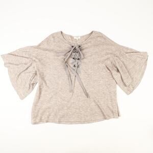 Umgee Womens Medium Over Sized Lace Up Top Oatmeal Gray Brown Boho Wing Sleeves